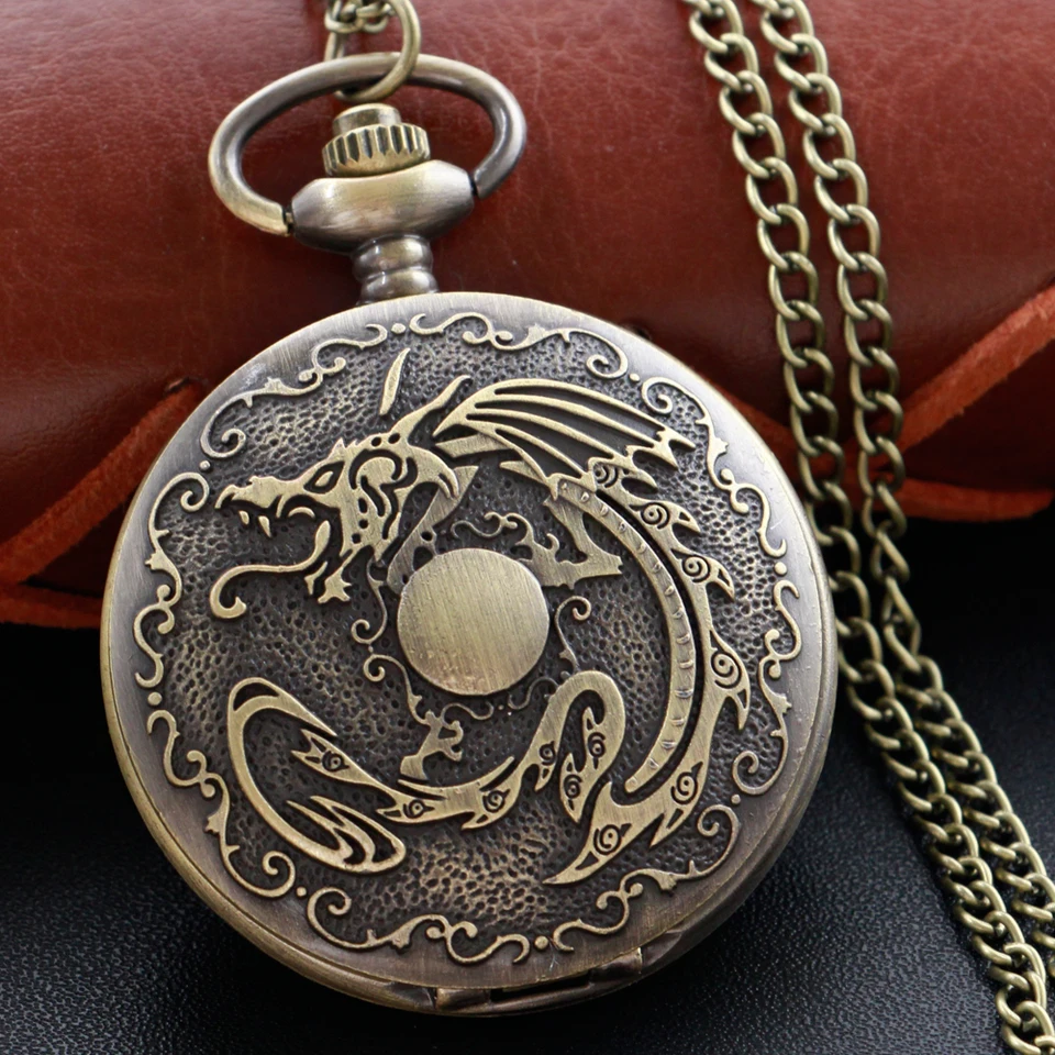 Bronze Flame Dragon Quartz Pocket Watch with Chain Retro