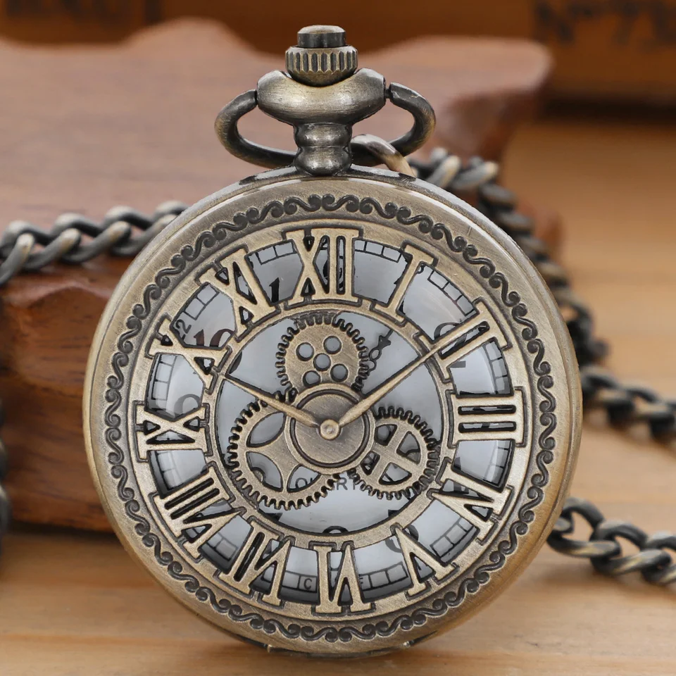 Bronze Hollow Gear Retro Quartz Pocket Watch Vintage Necklace Pocket