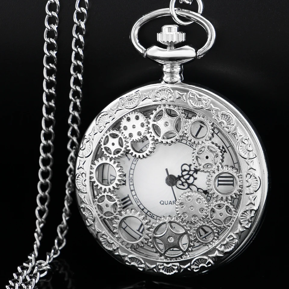 Steampunk Silver Gold Vintage Hollow Gear Hollow Quartz Pocket Watch