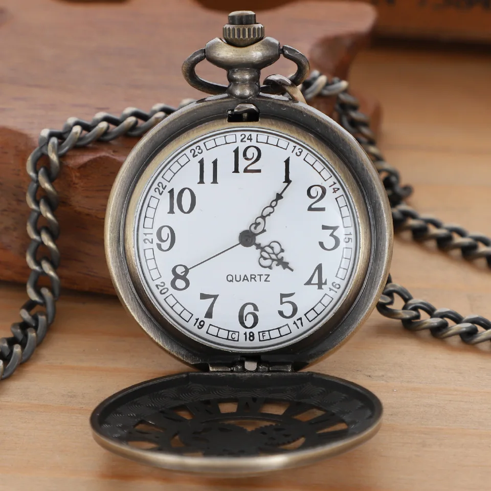 Bronze Hollow Gear Retro Quartz Pocket Watch Vintage Necklace Pocket