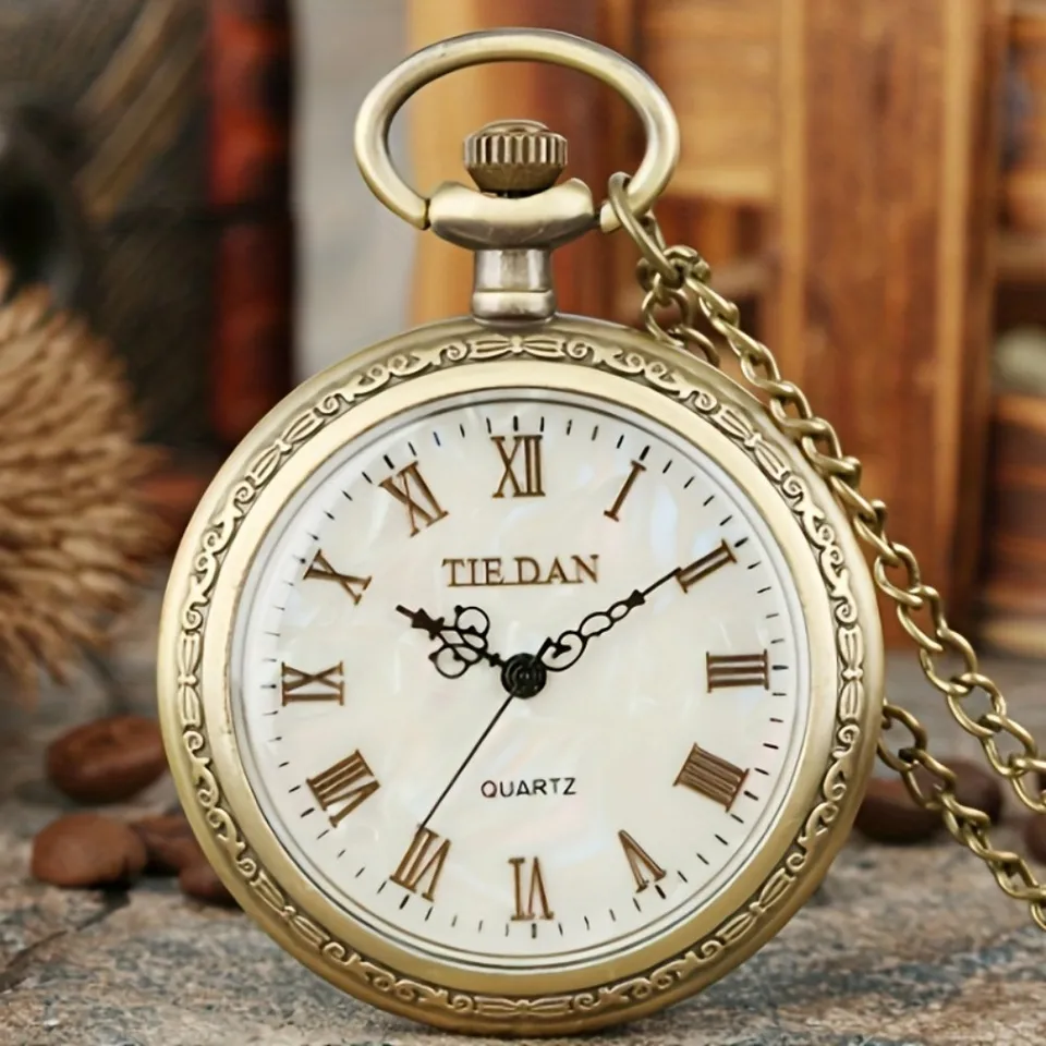 Vintage Bronze Quartz Pocket Watch with Roman Numerals Round Alloy