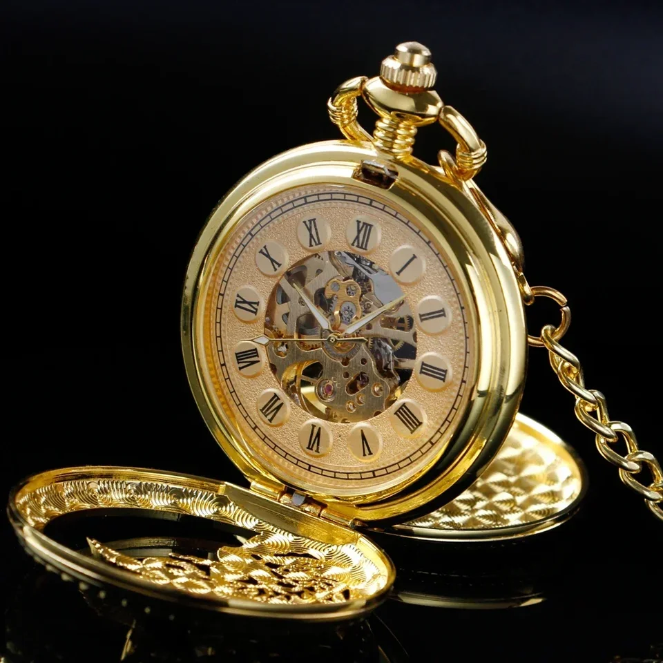 Golden Red-Crowned Crane Sculpture Mechanical Pocket Watch Retro