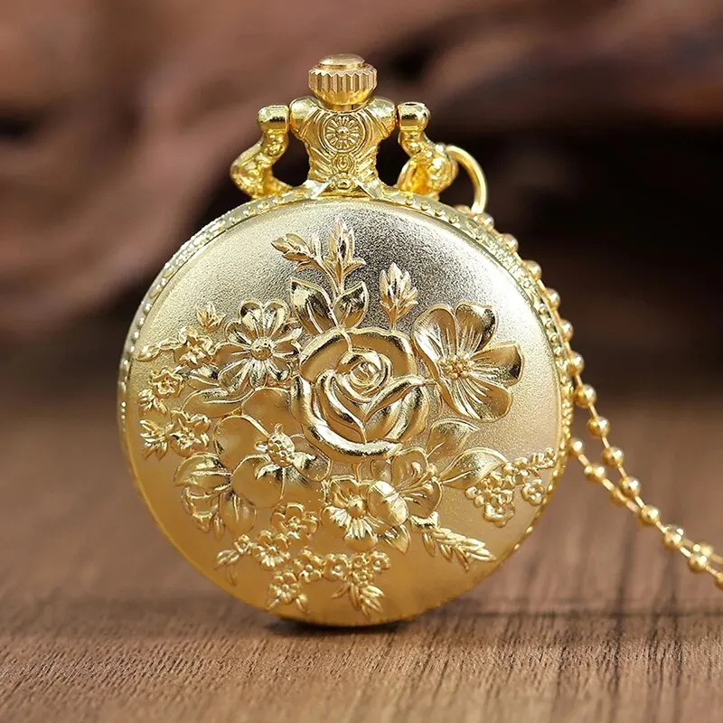 Gold Flower Quartz Pocket Double-sided Printing Design Pendant Watch