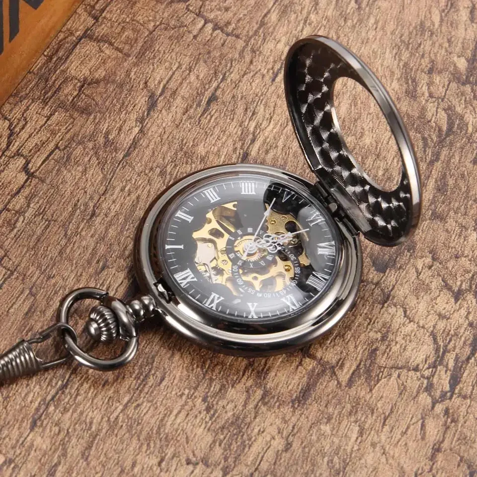 Vintage Pocket Watch Cool Chain Hollow Mechanical Dial Black Watches
