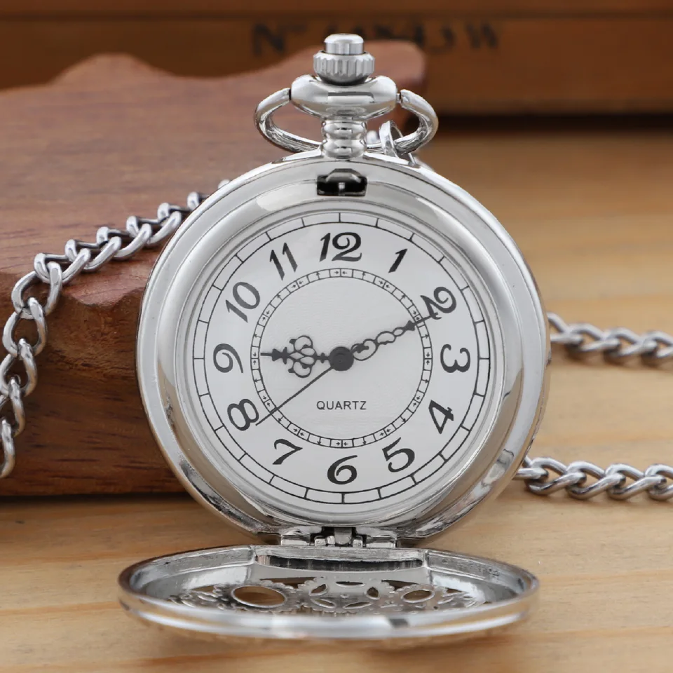Unique Gear Hollow Design Silver Quartz Pocket Watch Necklace Watch