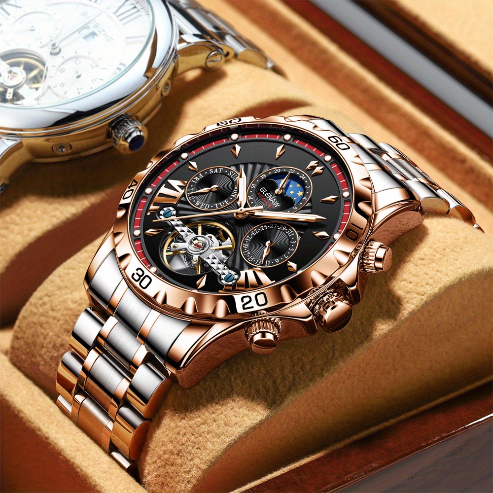 GLENAW Men's Elegance Mechanical Watch - Self-Winding, 24H Day/Date Display, Hollow Detail, Perfect for Parties
