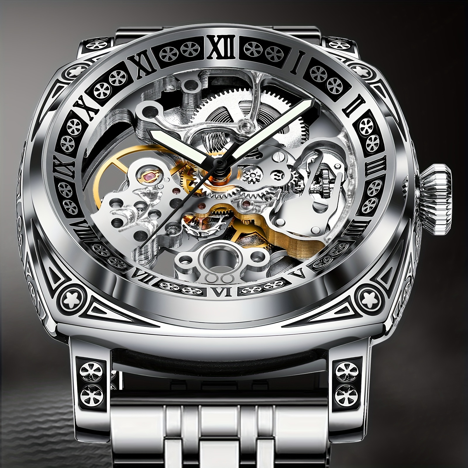 Elegant Waterproof Mechanical Watch for Men: Self-Winding Skeleton with Silver Steel Strap, Vintage Tattoo Case Design, 30m Resistant