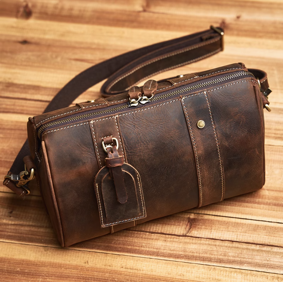 Original Men's Leather Backpack Crazy Horse Leather Soft Cowhide Small Bag Premium Sense Commuter Shoulder Crossbody Bag Pillow Bag Tide