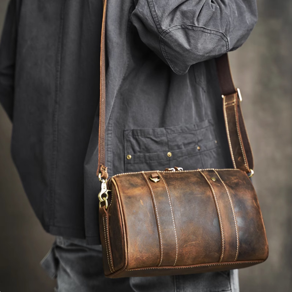 Original Men's Leather Backpack Crazy Horse Leather Soft Cowhide Small Bag Premium Sense Commuter Shoulder Crossbody Bag Pillow Bag Tide