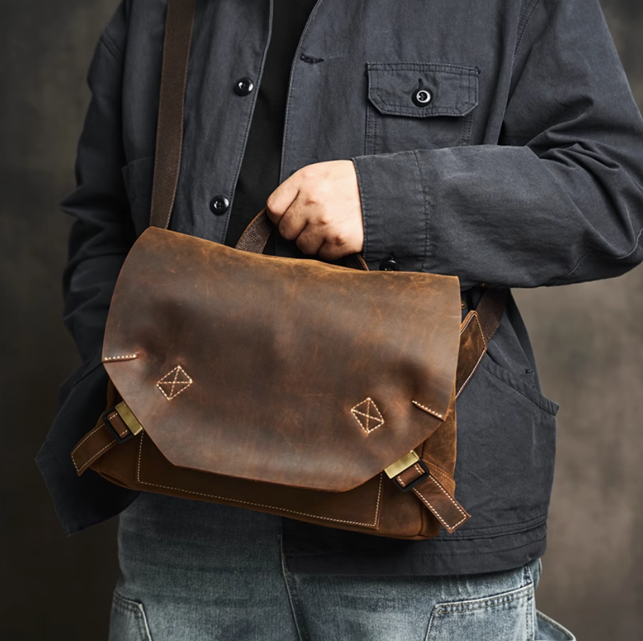 Cowhide Crossbody Men's Shoulder Bag Genuine Messenger Bag Leisure Vintage Backpack Handbag Briefcase Locomotive Bag