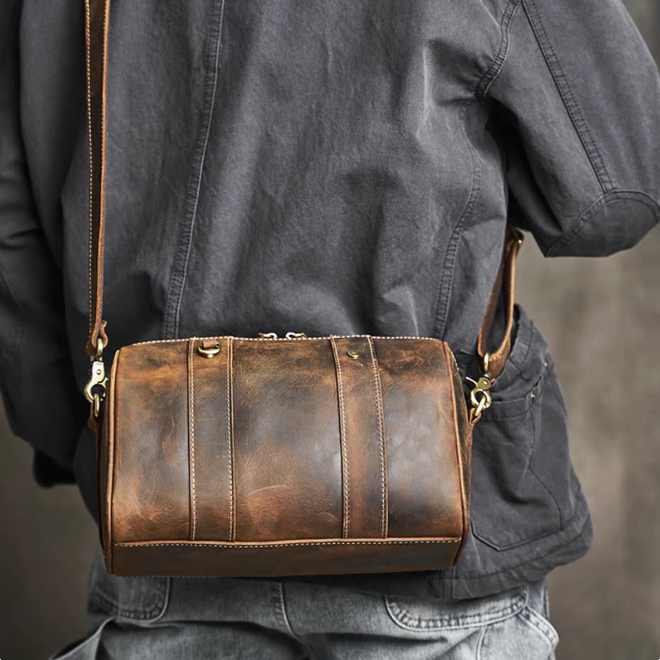 Original Men's Leather Backpack Crazy Horse Leather Soft Cowhide Small Bag Premium Sense Commuter Shoulder Crossbody Bag Pillow Bag Tide