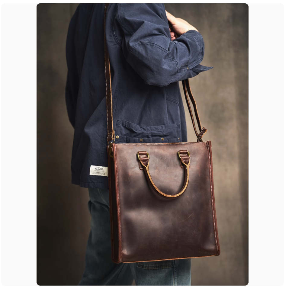 Men's cowhide senior sense of briefcase leather casual business commuting handbag large capacity computer bag file bag