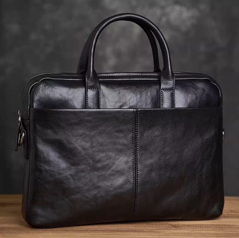 Men's retro leather handbag horizontal briefcase handmade cowhide business casual laptop bag shoulder