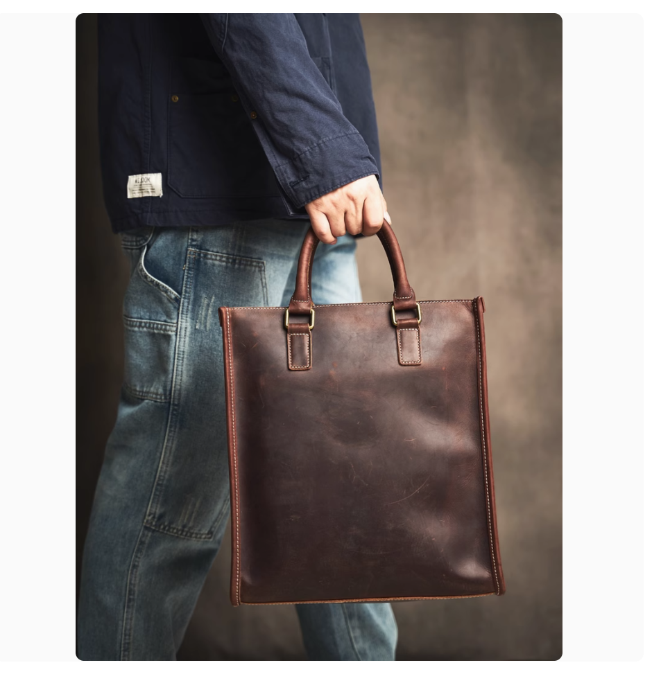 Men's cowhide senior sense of briefcase leather casual business commuting handbag large capacity computer bag file bag