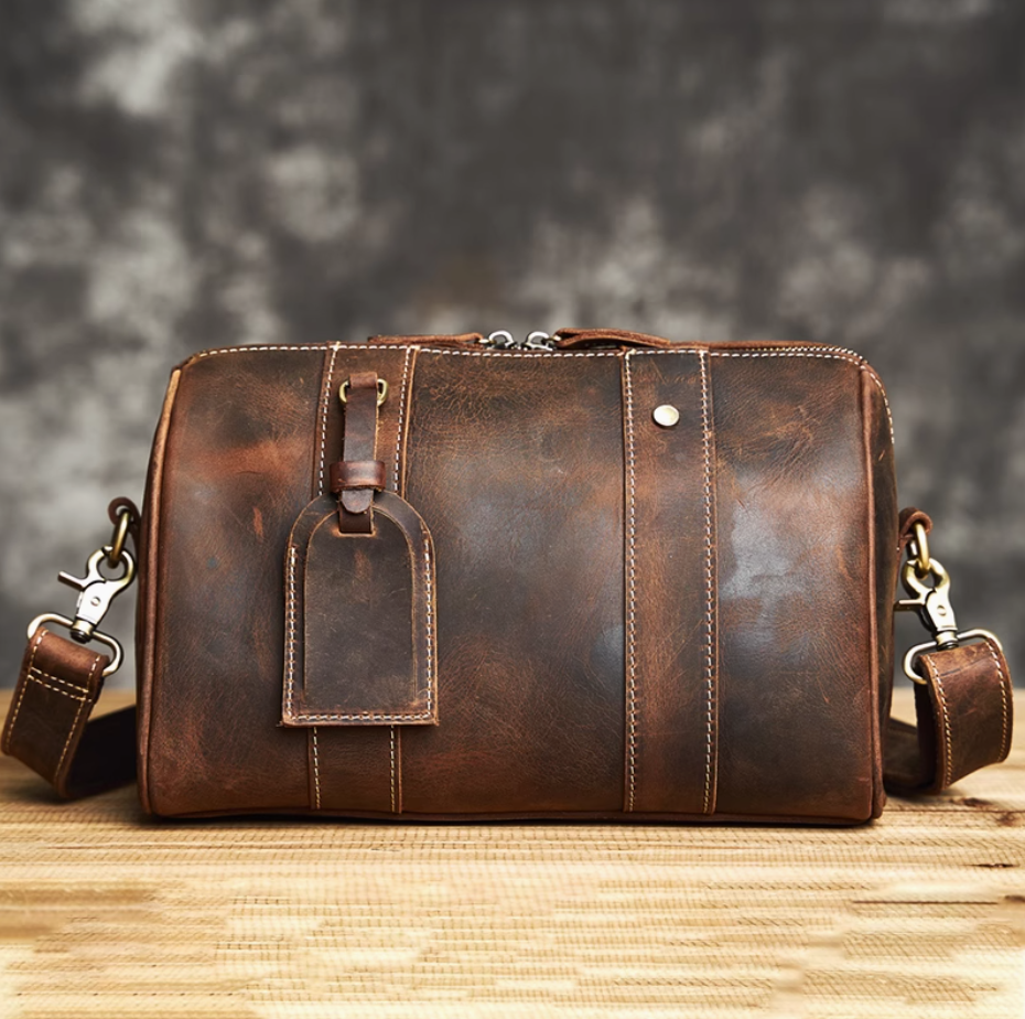 Original Men's Leather Backpack Crazy Horse Leather Soft Cowhide Small Bag Premium Sense Commuter Shoulder Crossbody Bag Pillow Bag Tide