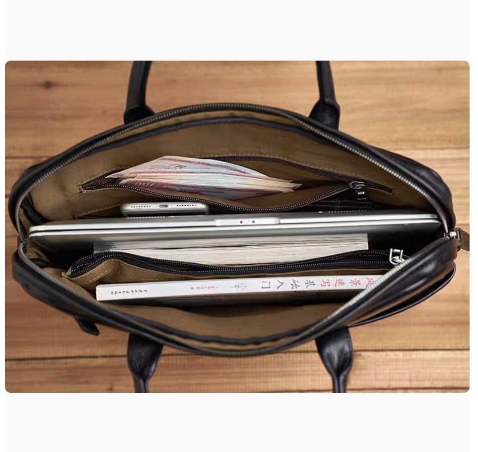 Men's retro leather handbag horizontal briefcase handmade cowhide business casual laptop bag shoulder