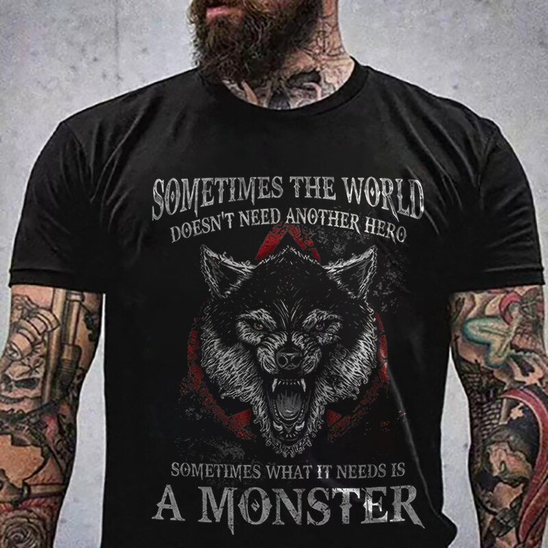 Fashion wolf head print casual men's short-sleeved T-shirt