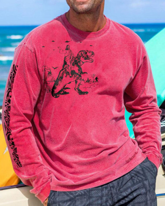 Jesus Riding Dinosaur Print Casual Long Sleeve Men's T-shirt