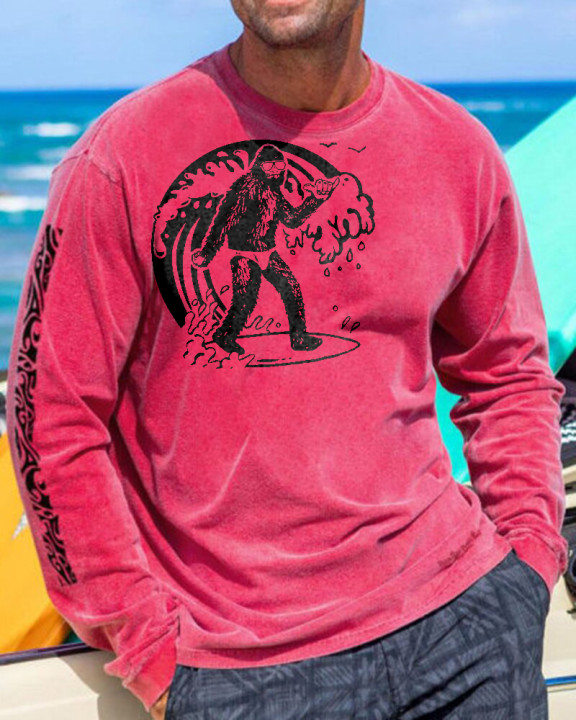 Bigfoot Surfing Print Casual Long Sleeve Men's T-shirt
