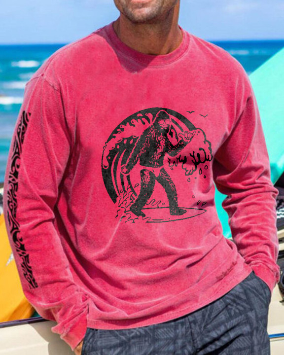 Bigfoot Surfing Print Casual Long Sleeve Men's T-shirt