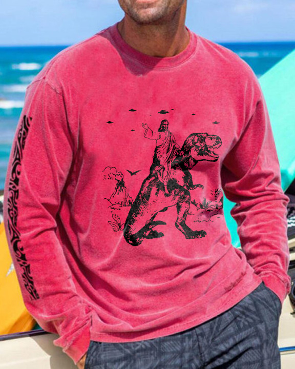 Jesus Riding Dinosaur Print Casual Long Sleeve Men's T-shirt