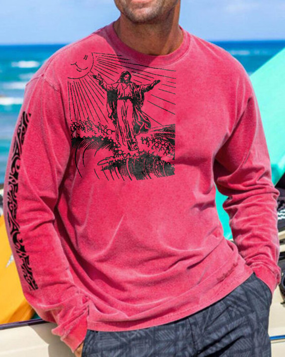 Surfing Jesus Print Casual Long Sleeve Men's T-shirt
