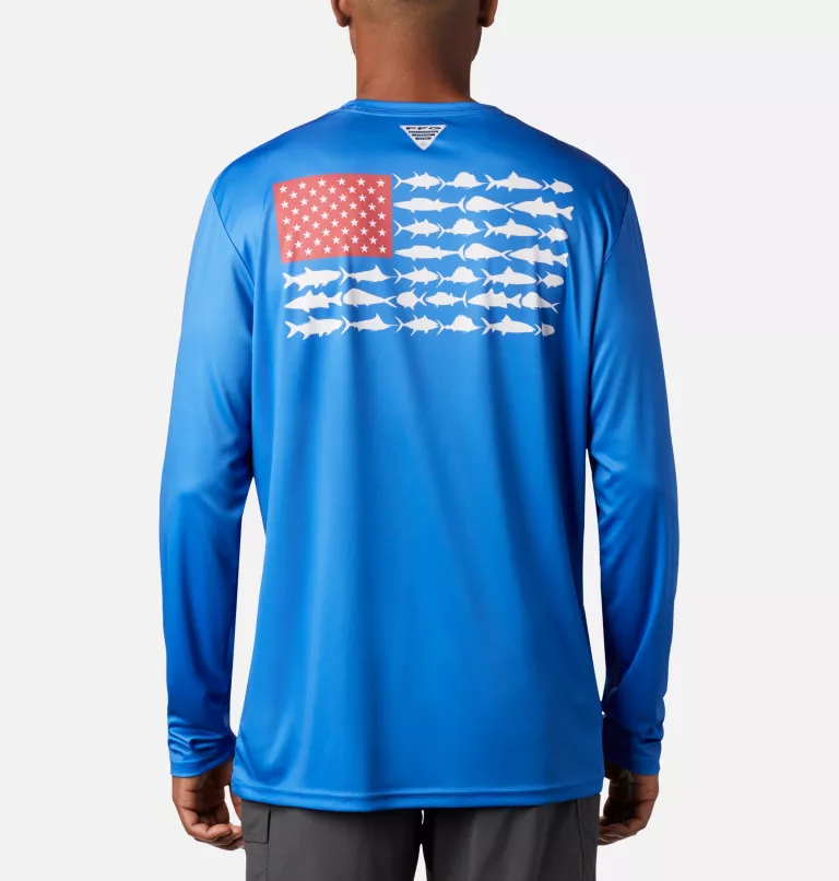 Men's PFG Terminal Tackle Fish Flag™ Long Sleeve Shirt - Tall Vivid Blue,White