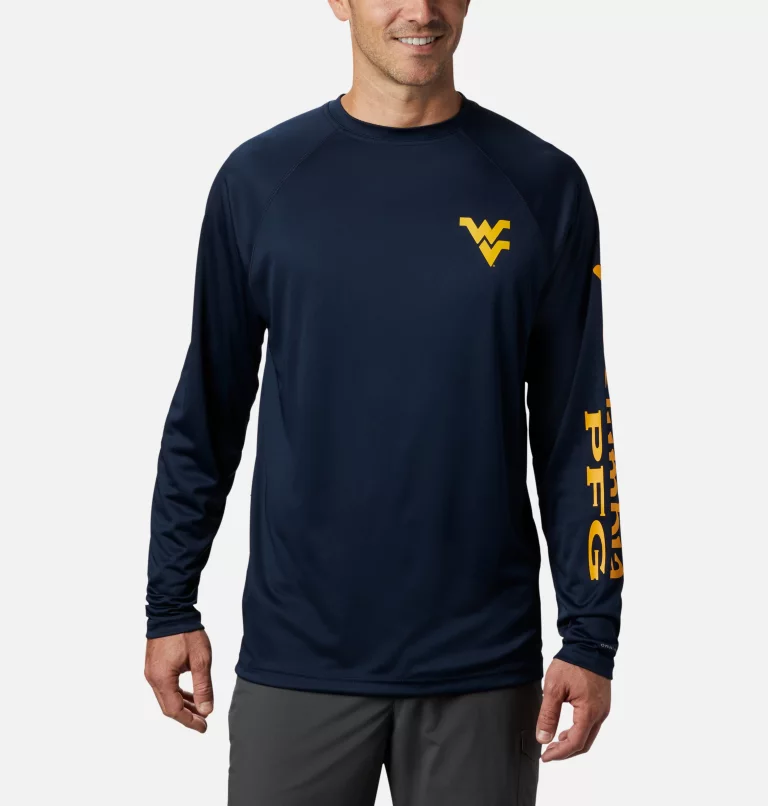 Men's Collegiate PFG Terminal Tackle™ Long Sleeve Shirt - West Virginia WV - Collegiate Navy,MLB Gold