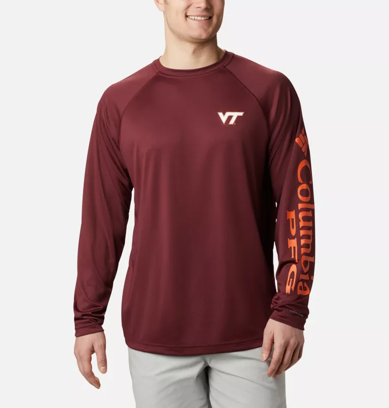 Men's Collegiate PFG Terminal Tackle™ Long Sleeve Shirt - Virginia Tech VT - Deep Maroon,Tangy Orange