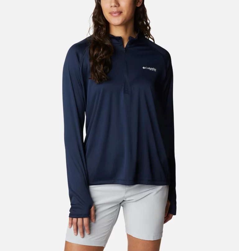 Women's PFG Tidal Tee™ Quarter Zip Long Sleeve Shirt Collegiate Navy,White Logo