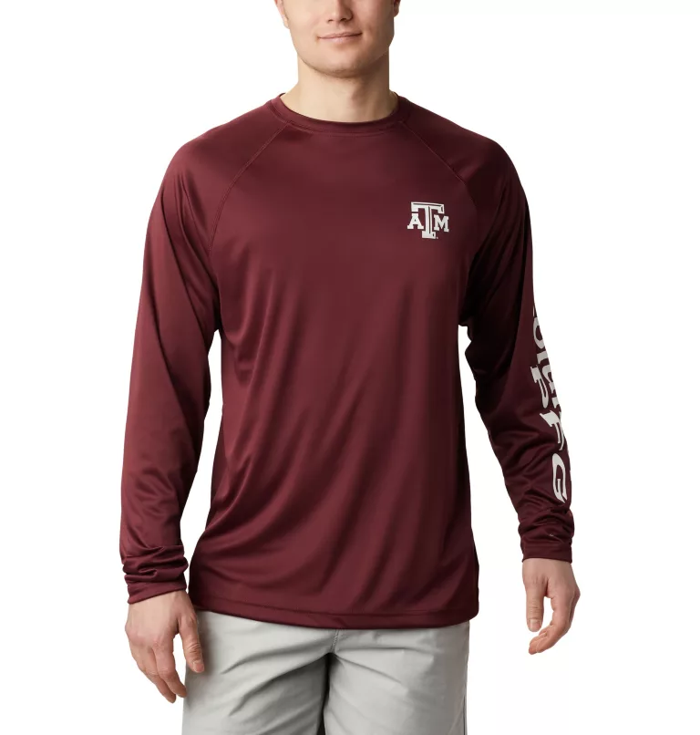 Men's Collegiate PFG Terminal Tackle™ Long Sleeve Shirt - Texas A&M TAM - Deep Maroon,White