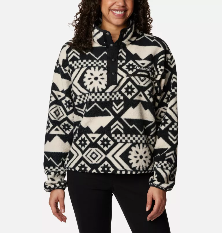 Women's Helvetia™ Cropped Half Snap Fleece Pullover Black Checkered Peaks Tonal
