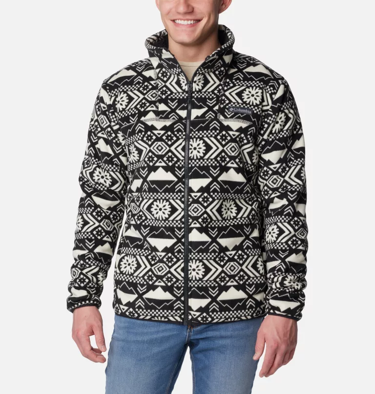 Men's Winter Pass™ Full Zip Sherpa Fleece Jacket Black Checkered Peaks Tonal Print