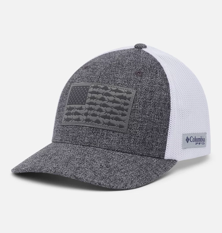 PFG Fish Flag™ Mesh Ball Cap - High Crown Grill Heather,White,US Fish Flag