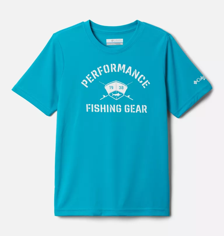 Boys' PFG Terminal Tackle™ First On The Water Short Sleeve Shirt Ocean Teal,Hull Mark Marlin Graphic