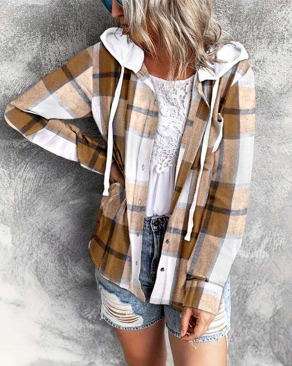 Plaid Print Buttoned Hooded Top