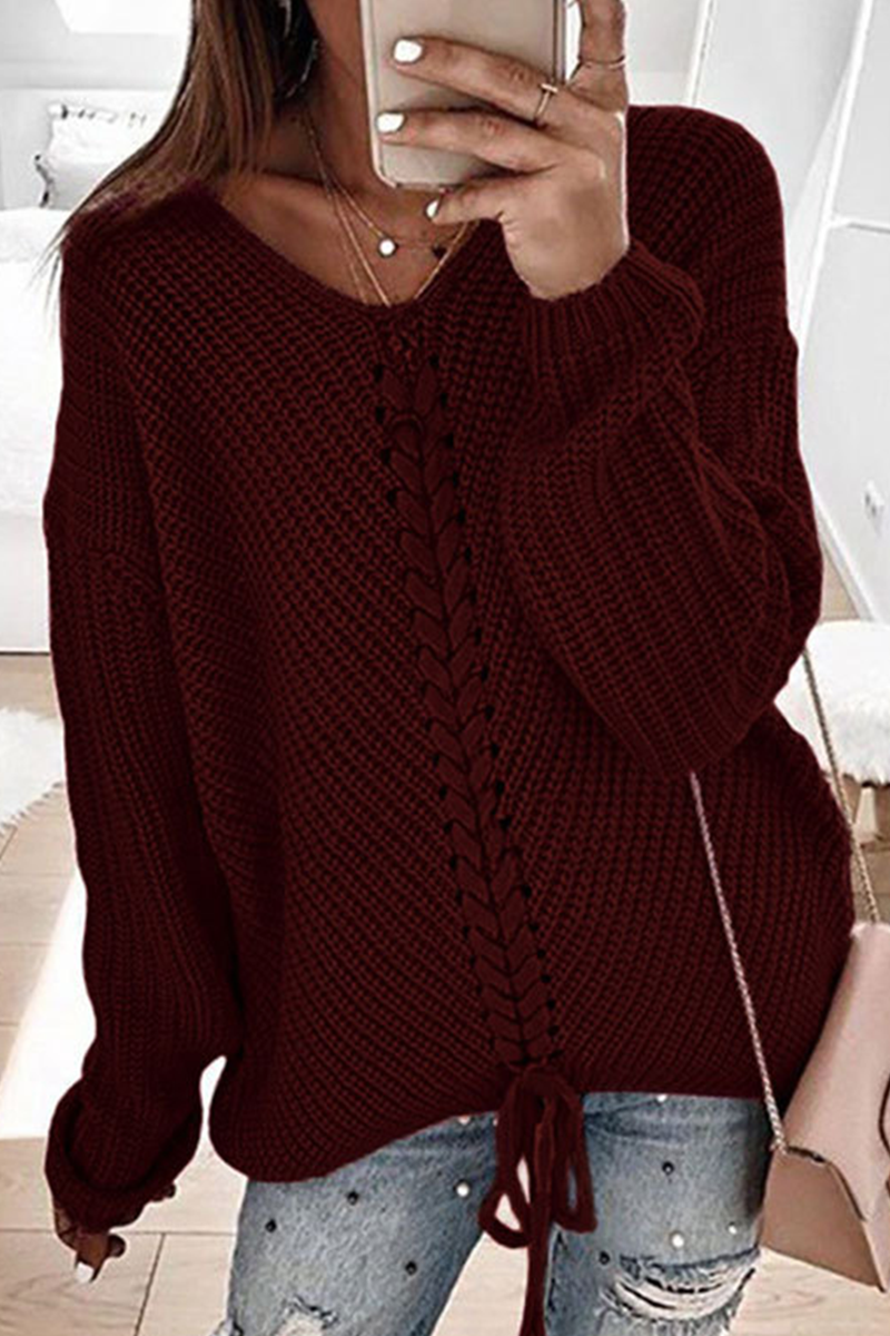 Casual Solid Cross Straps V Neck Tops Sweater(7 Colors)