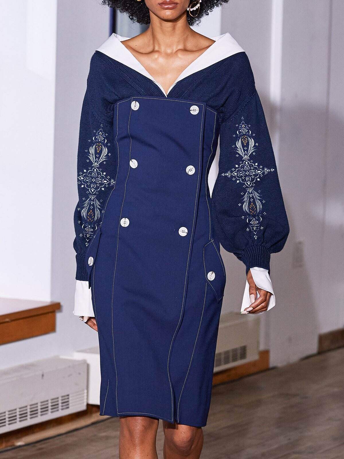 Women Color Block V Neck Long Sleeve Comfy Boho Embroidery Midi Dress