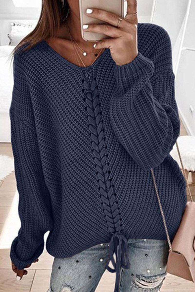 Casual Solid Cross Straps V Neck Tops Sweater(7 Colors)