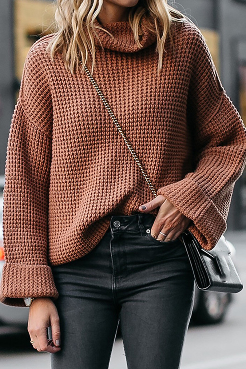 Casual Solid Patchwork Turtleneck Tops