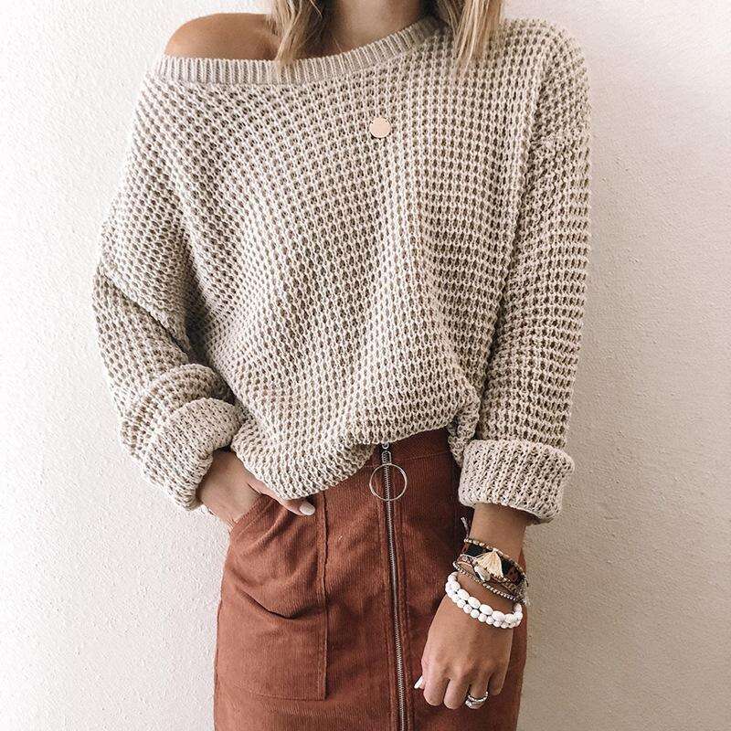 Loose Solid Color Inclined Collar Long Sleeve Knitted Sweater