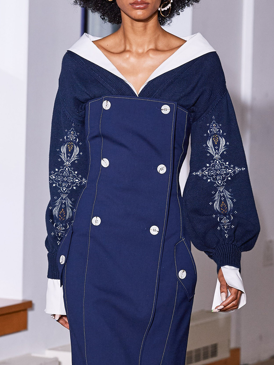 Women Color Block V Neck Long Sleeve Comfy Boho Embroidery Midi Dress