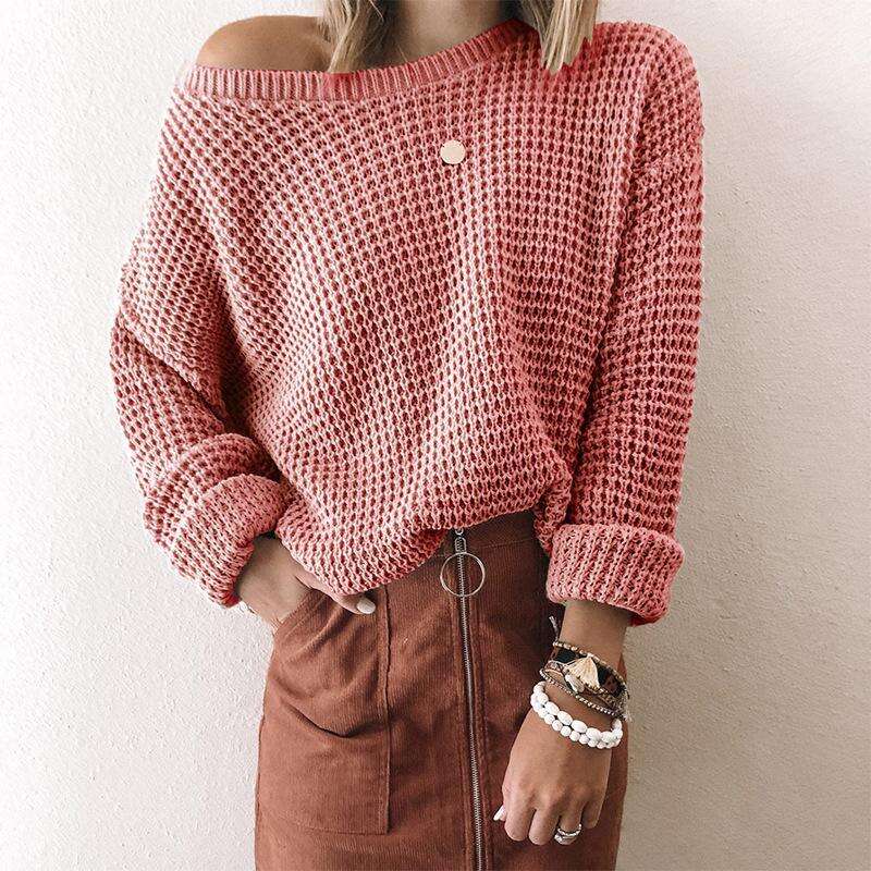 Loose Solid Color Inclined Collar Long Sleeve Knitted Sweater