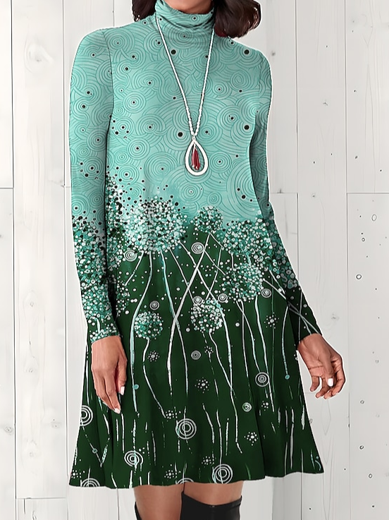 Women Floral Turtleneck Long Sleeve Comfy Casual Maxi Dress