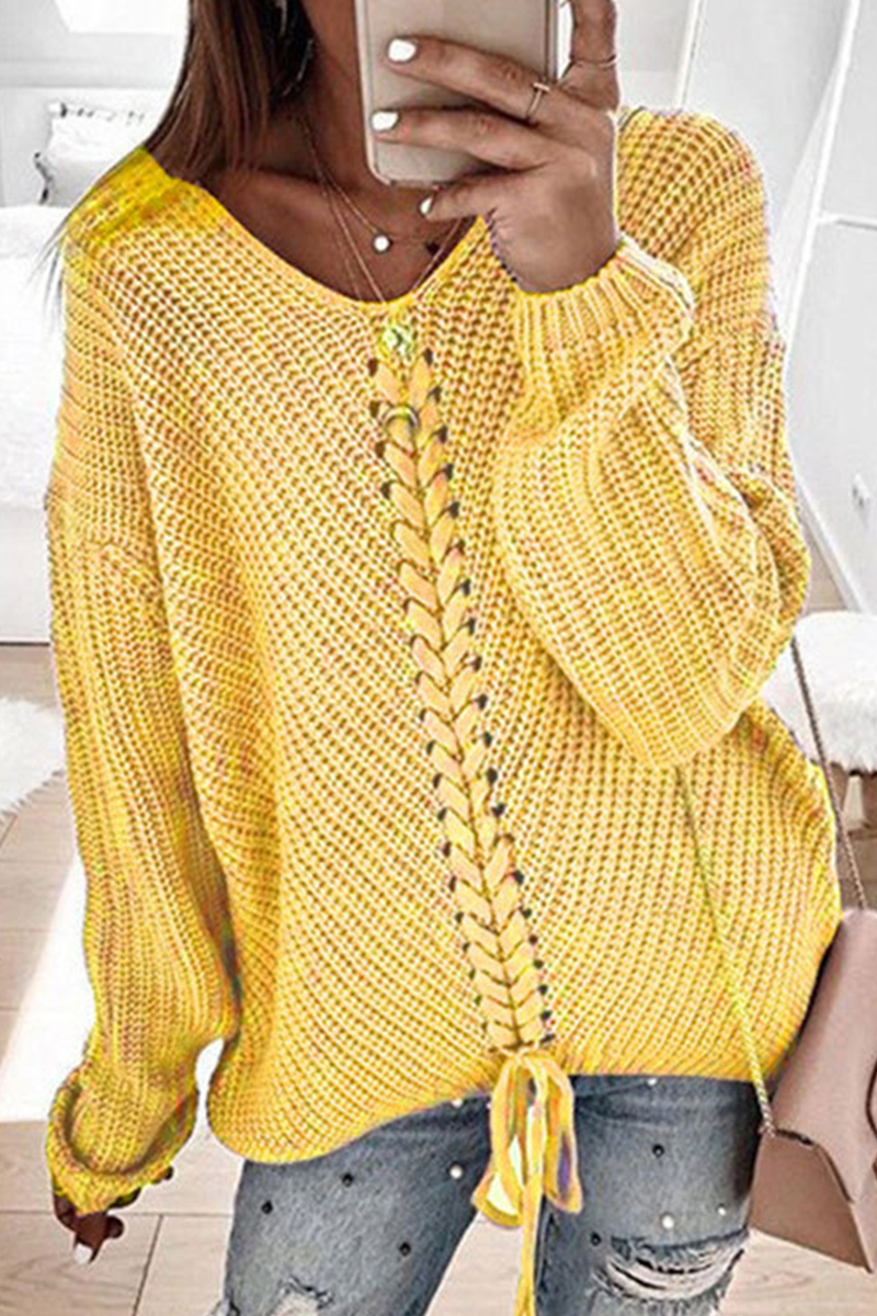 Casual Solid Cross Straps V Neck Tops Sweater(7 Colors)