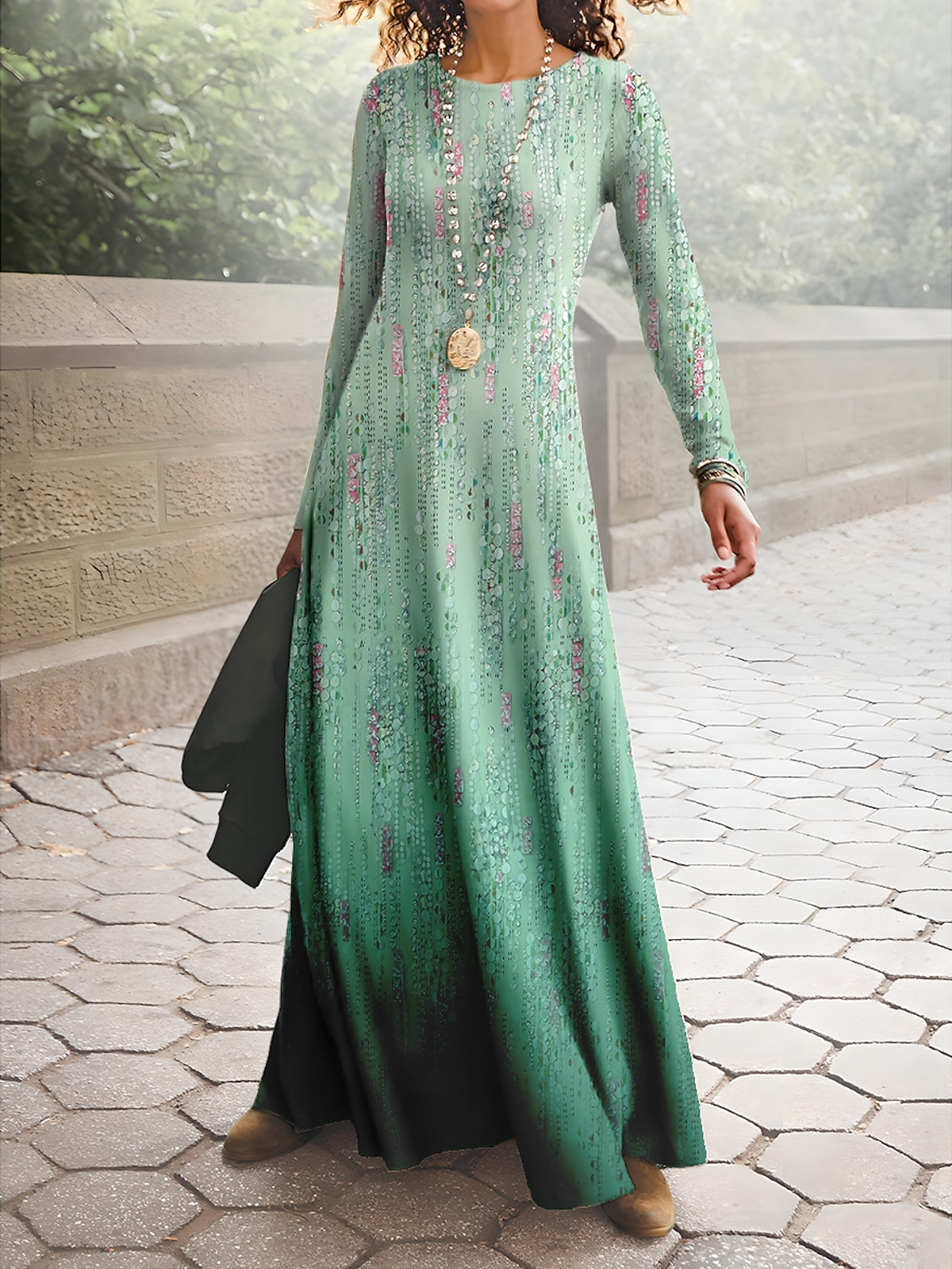 Women Floral Crew Neck Long Sleeve Comfy Casual Maxi Dress