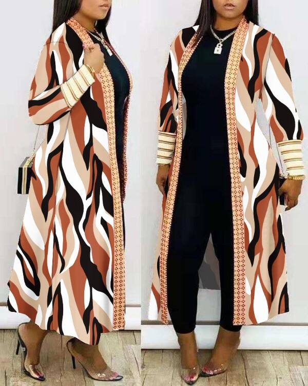Plus Size Abstract Print Open Front Longline Coat