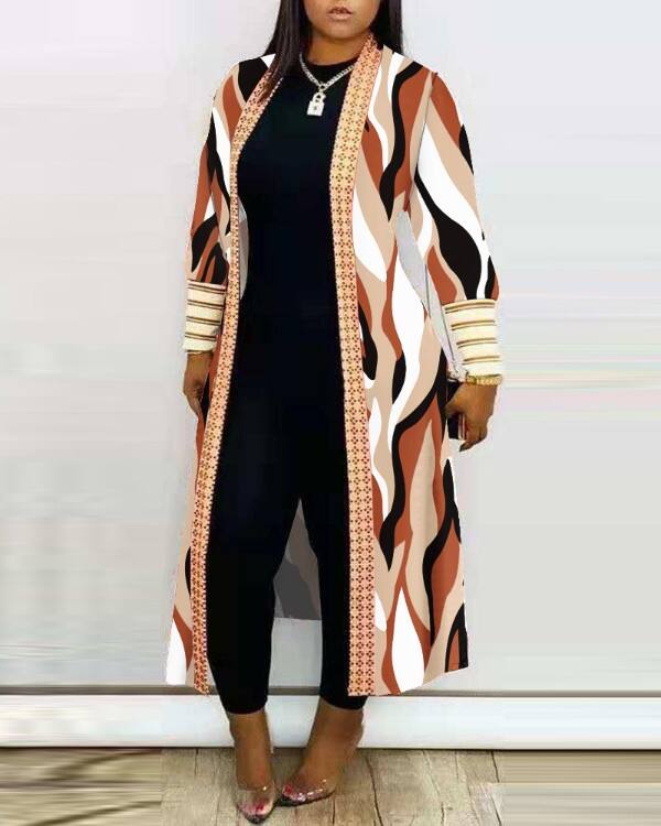 Plus Size Abstract Print Open Front Longline Coat