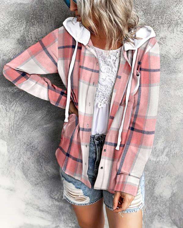Plaid Print Buttoned Hooded Top