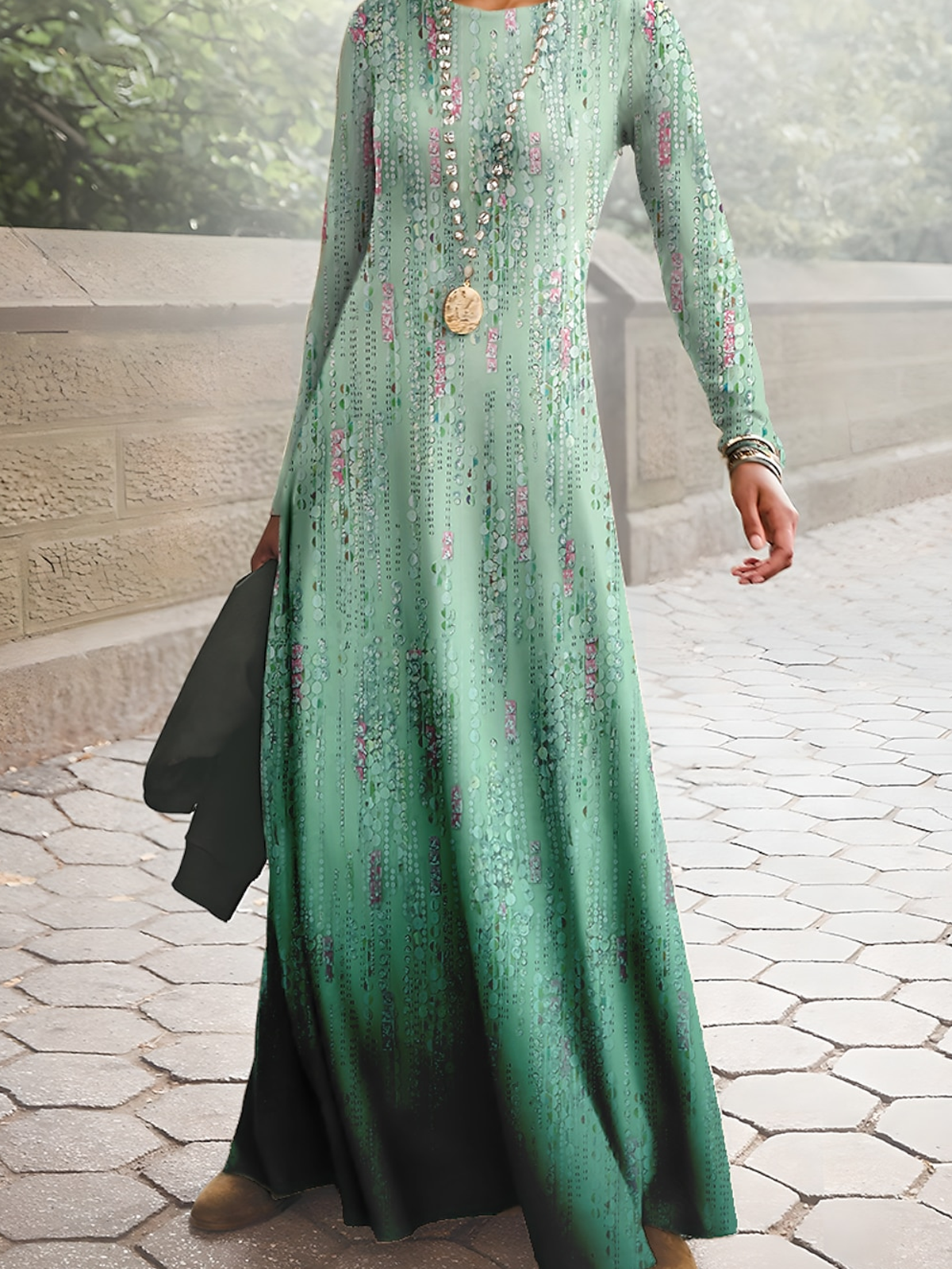 Women Floral Crew Neck Long Sleeve Comfy Casual Maxi Dress